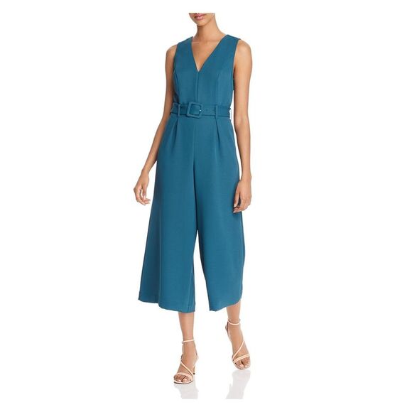 JOIE Womens Teal Belted Sleeveless V Neck Wide Leg Jumpsuit Size: 4